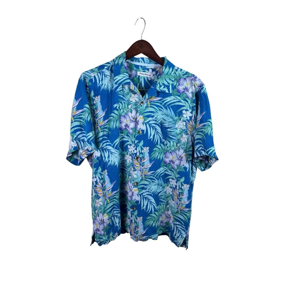 Tommy Bahama blue flowers 100% silk Hawaiian shirt Large